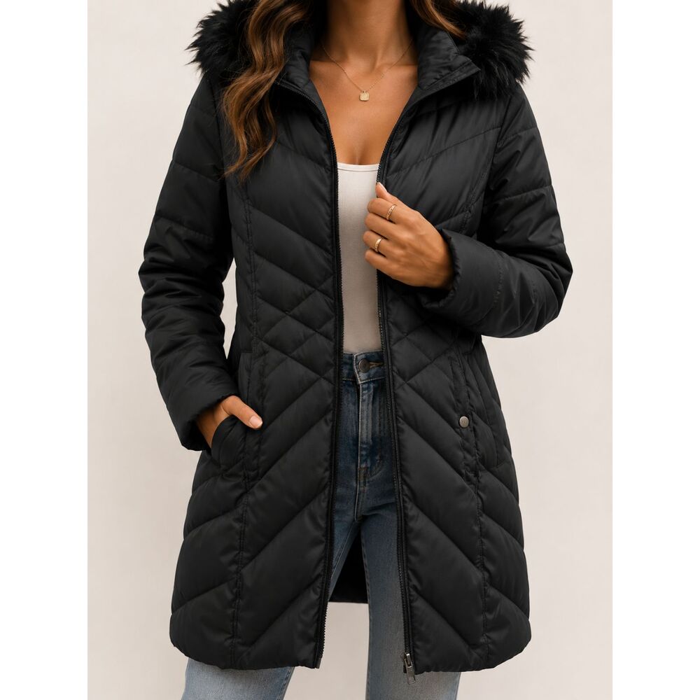 Kenneth Cole Reaction Black Down Puffer Coat Faux Fur Hood Medium M